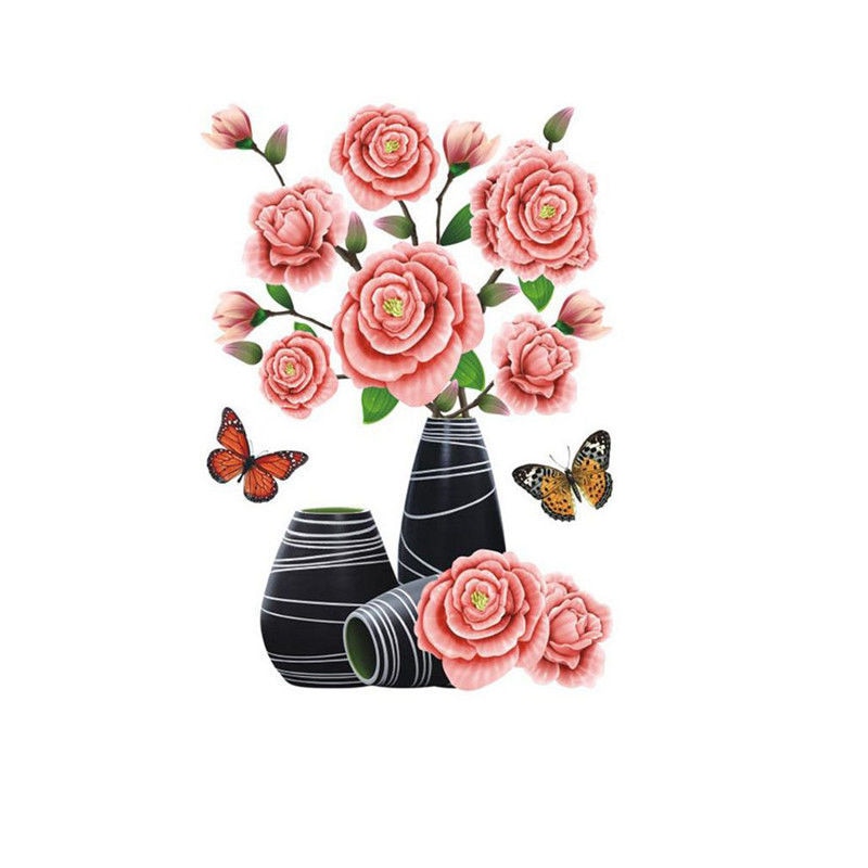 Stickers Muraux 3D Vase Autocollants ​Fleurs Miroir DIY Carthame